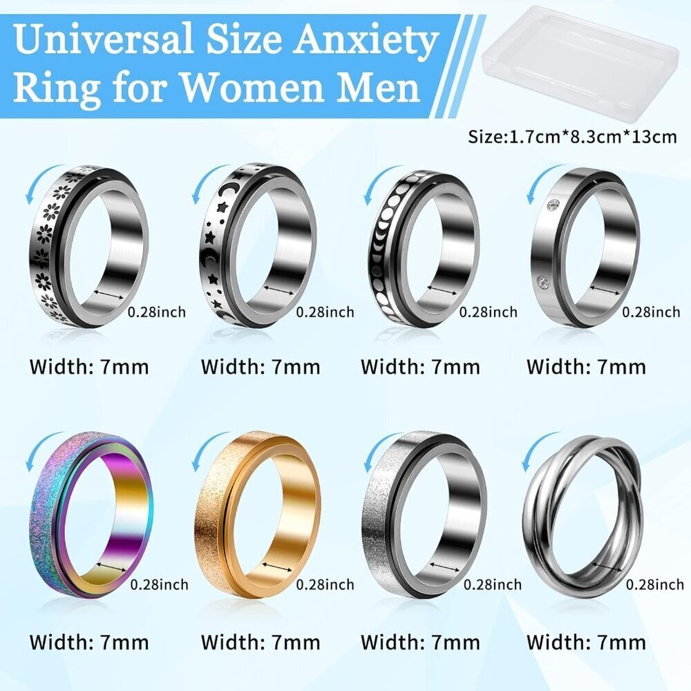 12Pcs Anxiety Fidget Rings for Women, Stainless Steel Spinner Rings Moon and Sta - Picture 3 of 7